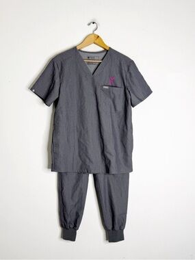 FIGS Scrub Set Small Gray Pink Ribbon Cancer Awareness Tansen Pants Chisec Top
